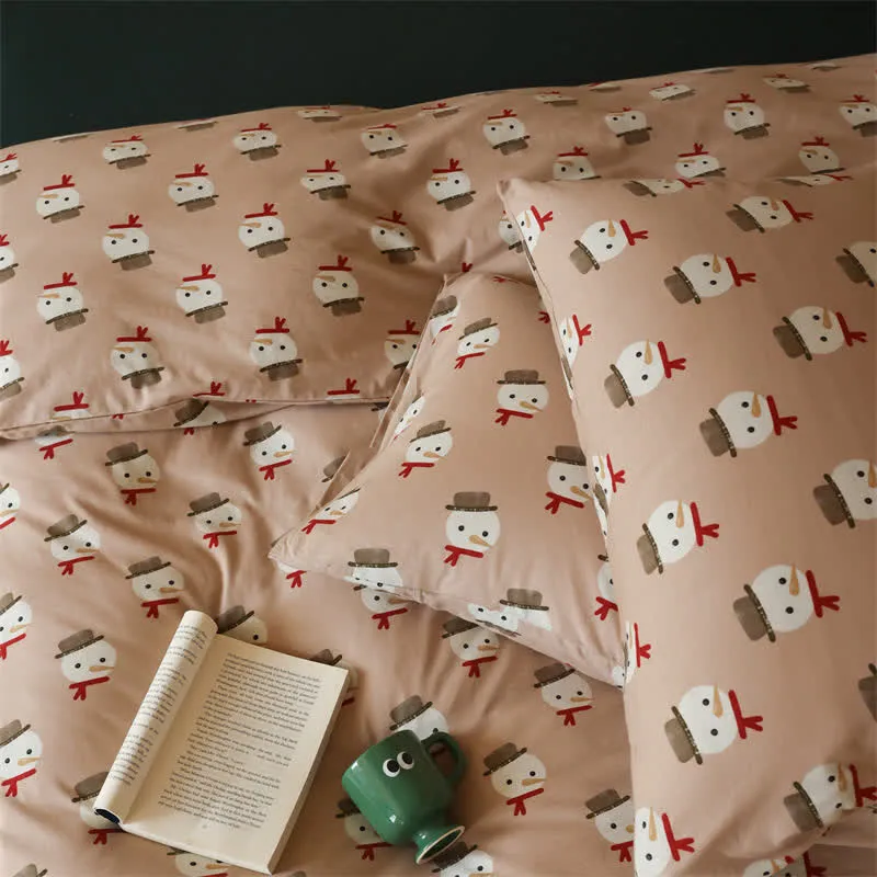 Weihnachts-Bettwäscheset aus Baumwolle mit Schneemannmotiv (4-teilig)