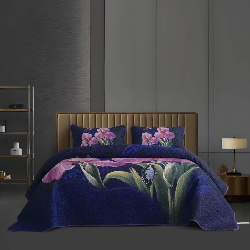 Gestepptes, weiches Bettwäscheset mit Blumen- und Vogelmotiv (3-teilig)