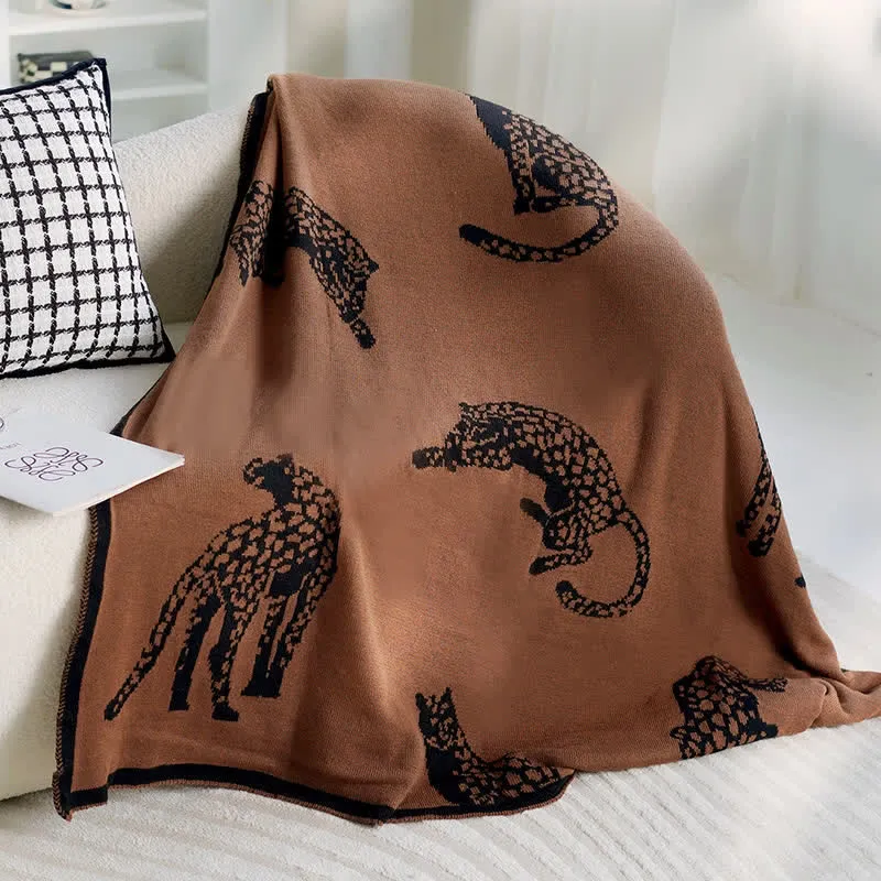 Retro Leopard Strick Sofadecke