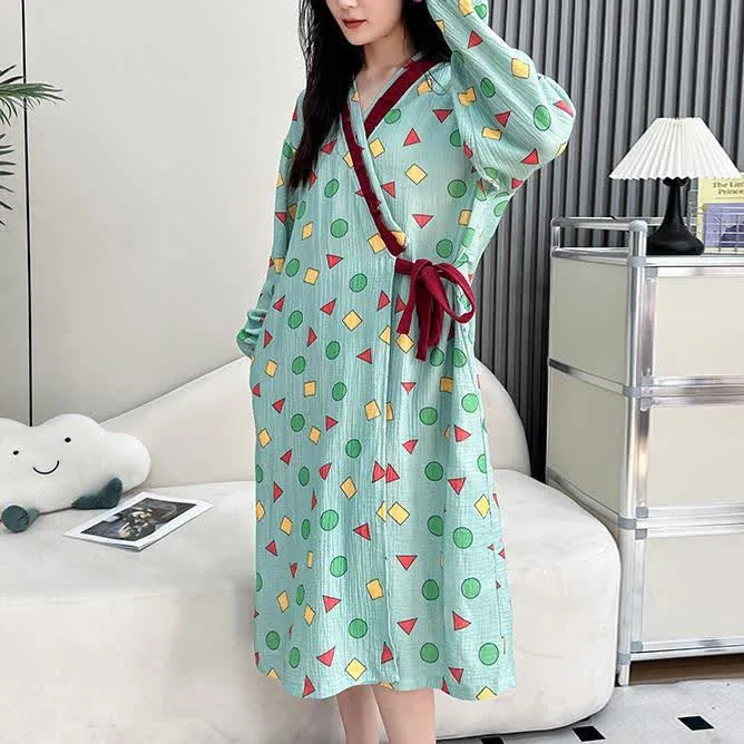Geometrisches Kimono-Nachthemd aus Baumwollgaze in Übergröße