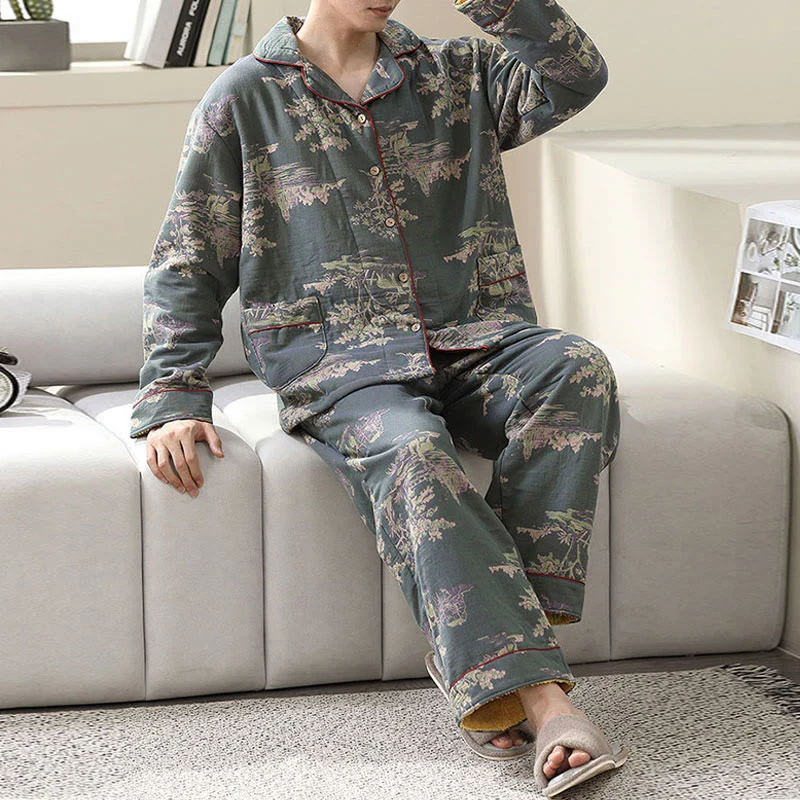 Loungewear-Set aus Baumwollgaze mit Pflanzendruck