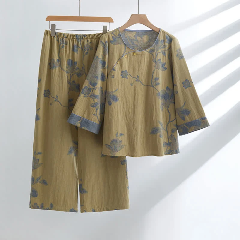 Bequemes Loungewear-Set aus Baumwolle mit Rundhalsausschnitt und Blumenmuster