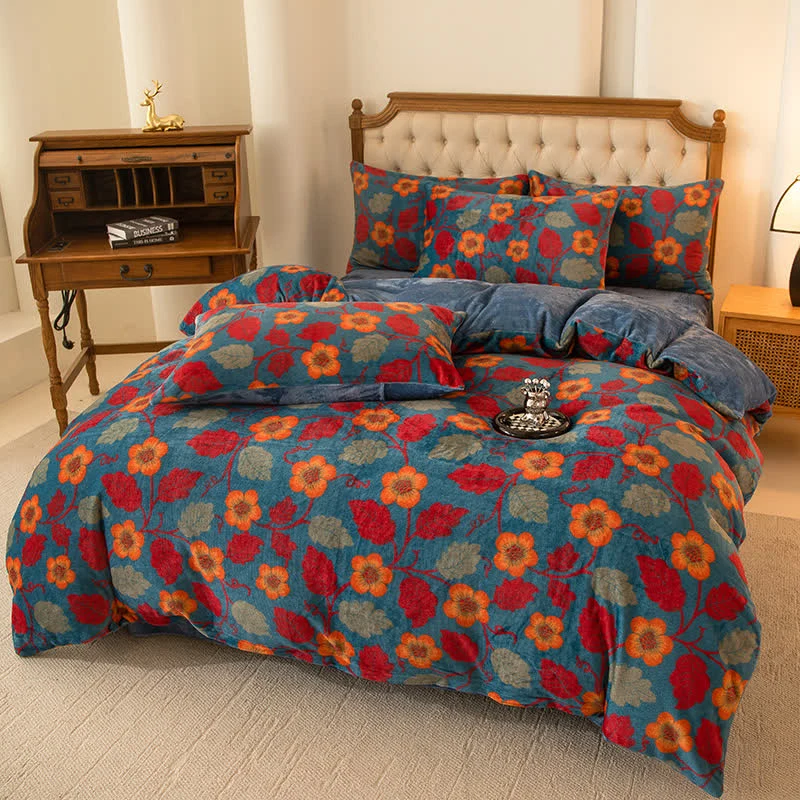 Warmes Samt-Bettwäscheset mit leuchtenden Blumen (4-teilig)