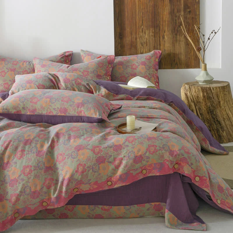 Bettbezug-Set mit Blumenknöpfen (4-teilig)