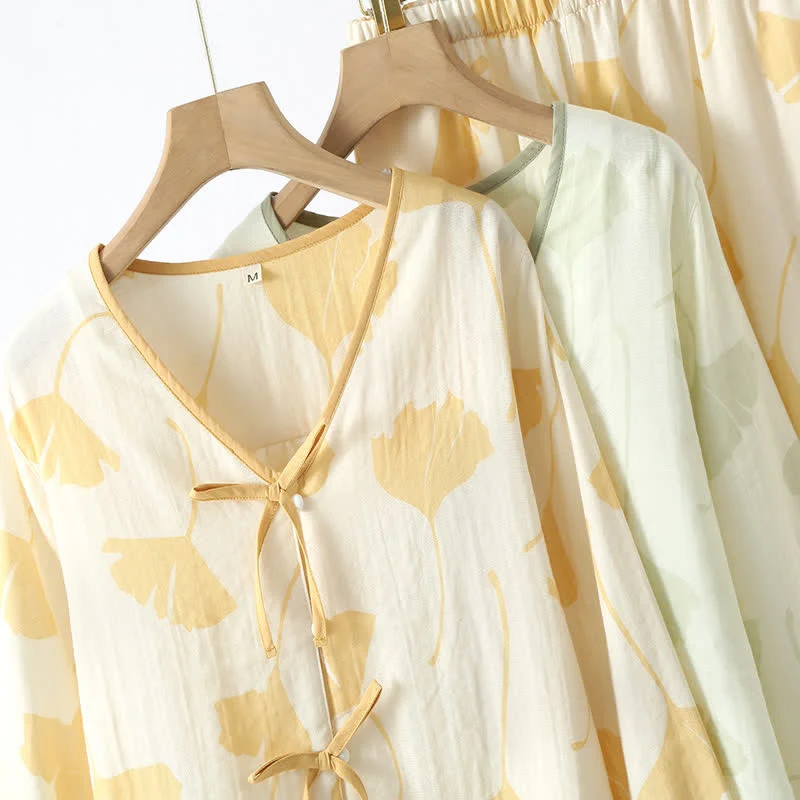 Loungewear-Set aus Baumwolle mit Ginkgoblatt-Schleife