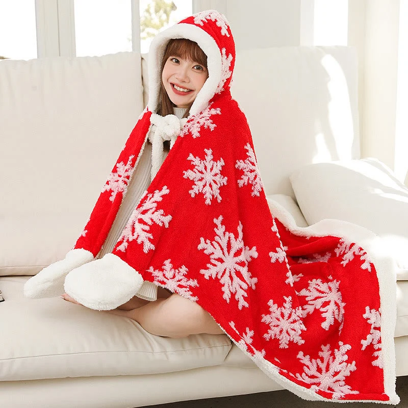 Fleece-Schaldecke mit Kapuze und Handschuhen im Schneeflocken-Design