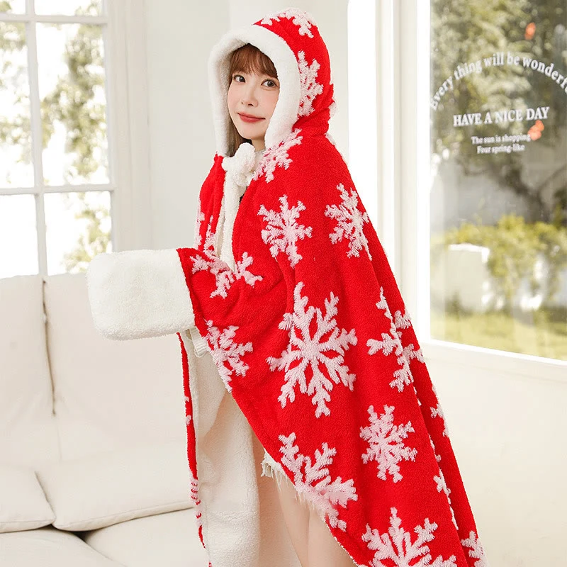 Fleece-Schaldecke mit Kapuze und Handschuhen im Schneeflocken-Design
