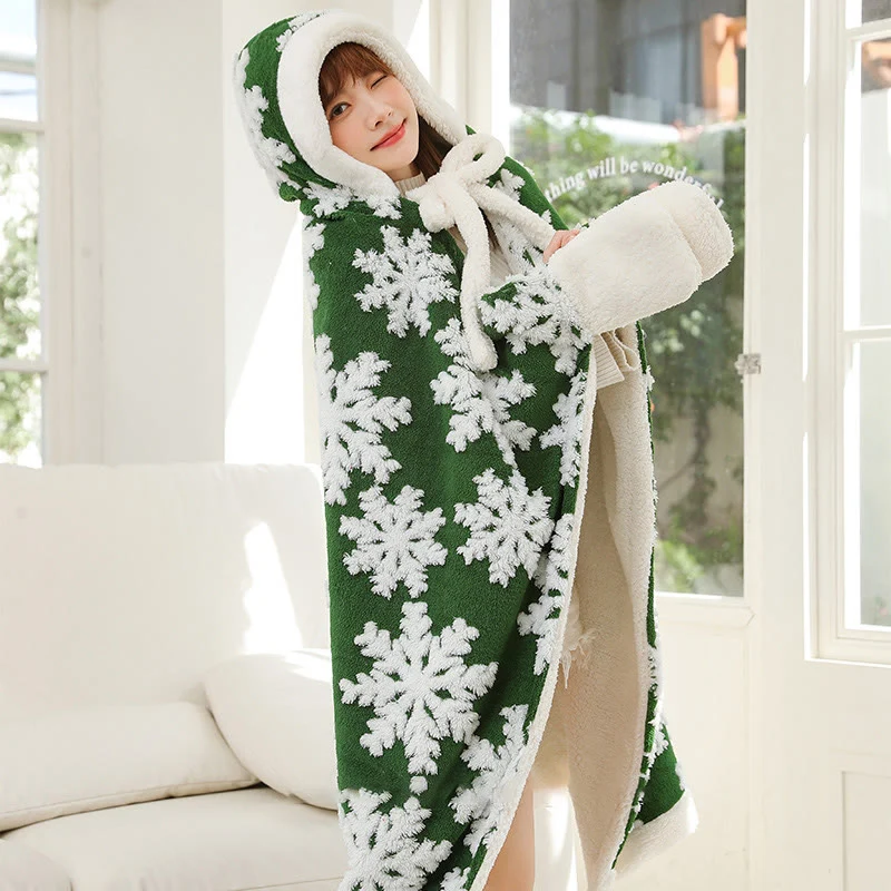 Fleece-Schaldecke mit Kapuze und Handschuhen im Schneeflocken-Design