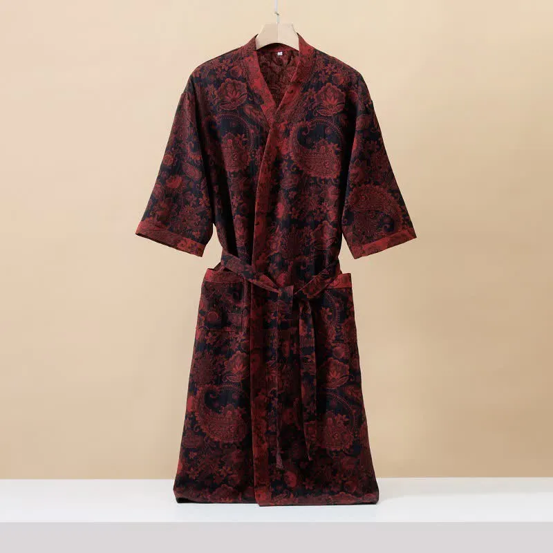 Bademantel aus Baumwollgaze im Kimono-Jacquard-Paisleymuster