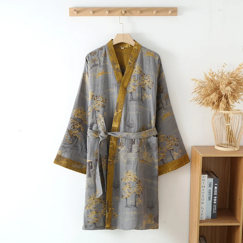 Atmungsaktiver Retro-Kimono-Bademantel aus reiner Baumwolle