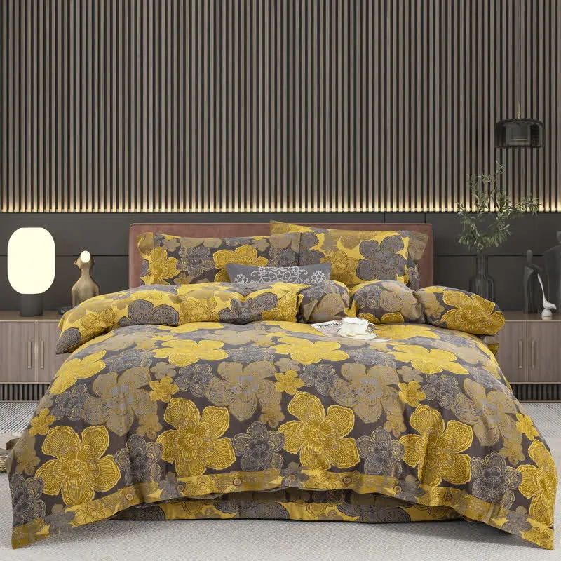 Elegantes Bettwäscheset mit Knöpfen aus Baumwollgaze mit Blumenmuster (4-teilig)