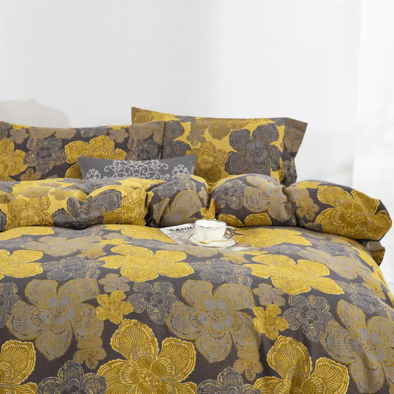 Elegantes Bettwäscheset mit Knöpfen aus Baumwollgaze mit Blumenmuster (4-teilig)