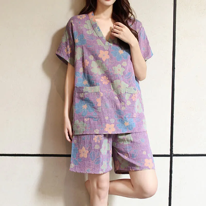 Plus Size Pyjama-Set aus Baumwolle mit V-Ausschnitt und Blumenmuster
