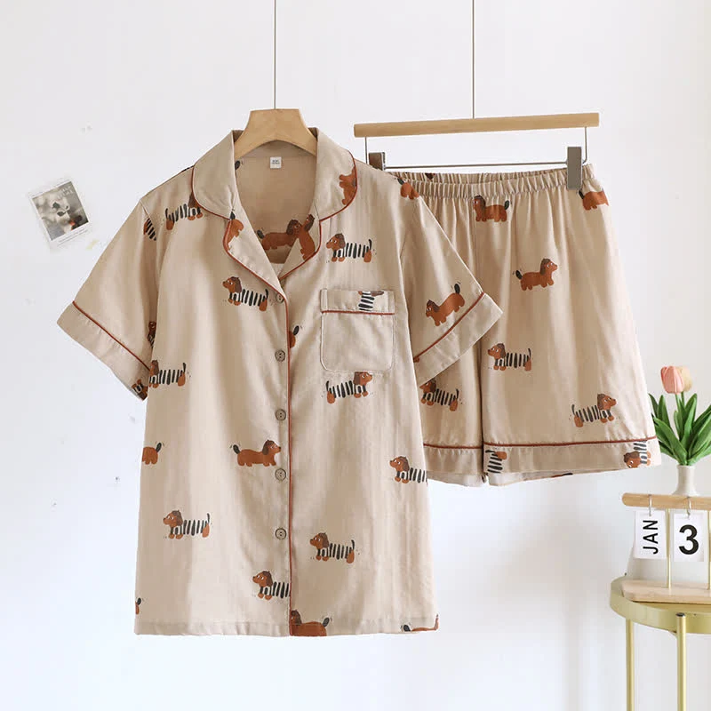 Süßes Kurzarm-Pyjama-Set mit Dackel-Paar