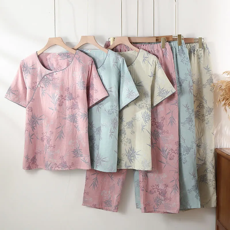 Pyjama-Set aus Bambus-Baumwollgaze mit rundem Ausschnitt