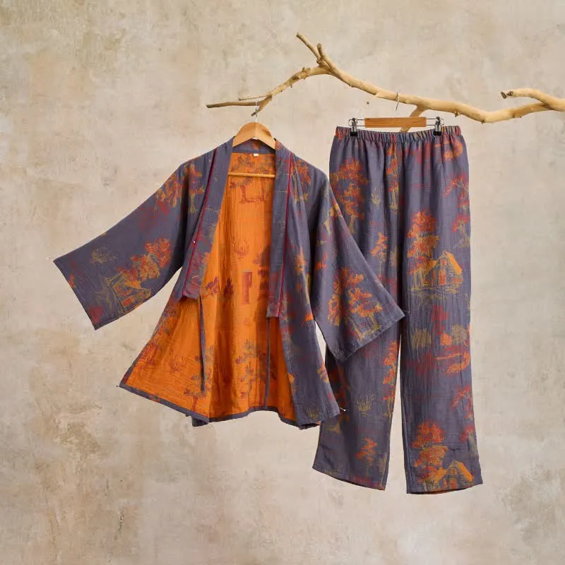 Neutrales Kimono-Pyjama-Set aus Baumwolle mit Landschaftsmotiv