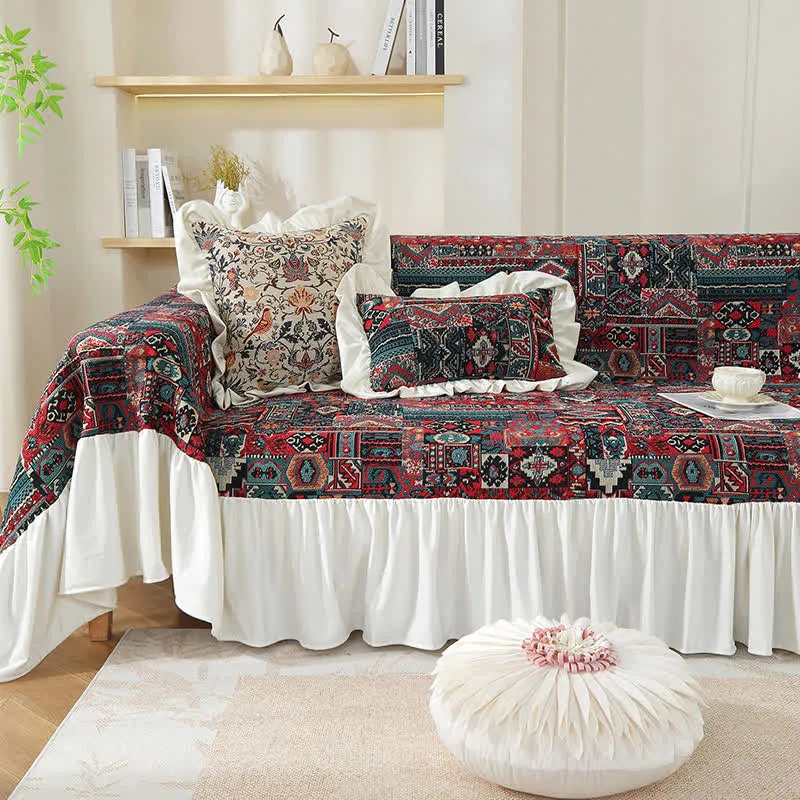 Boho Vintage Geometrischer Rüschen-Sofabezug