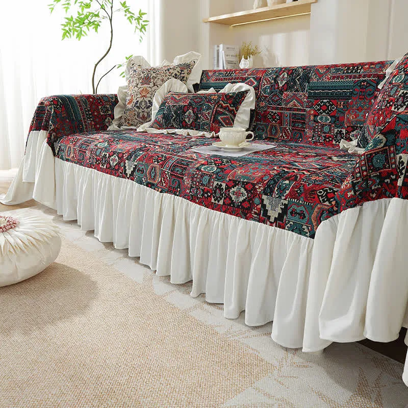 Boho Vintage Geometrischer Rüschen-Sofabezug