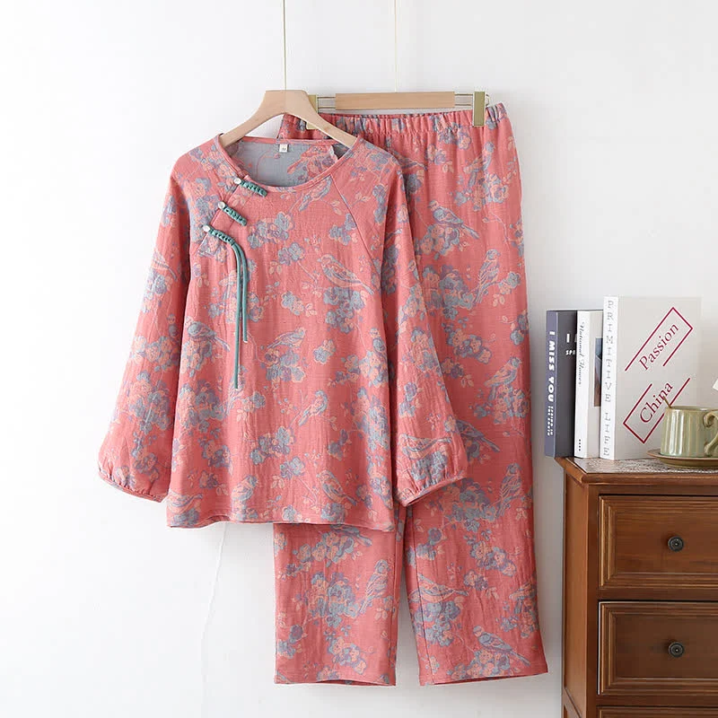 Pyjama-Set aus Baumwolle mit Blumenmuster, Vogel und Frosch