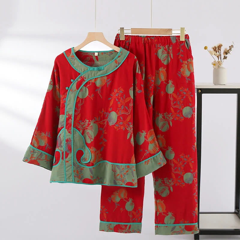 Jacquard-Nachtwäscheset aus Baumwollgaze mit Granatapfelmotiv
