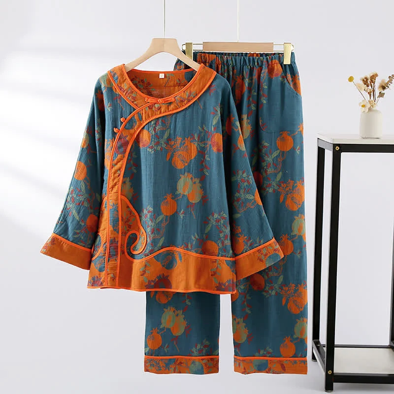 Jacquard-Nachtwäscheset aus Baumwollgaze mit Granatapfelmotiv