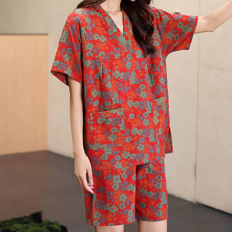 Kurzarm-Pyjama-Set aus Baumwolle mit Blumenmuster in Übergröße