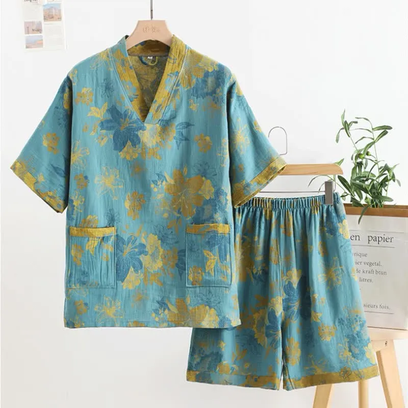 Pyjama-Set aus Baumwollgaze mit V-Ausschnitt und kurzen Ärmeln