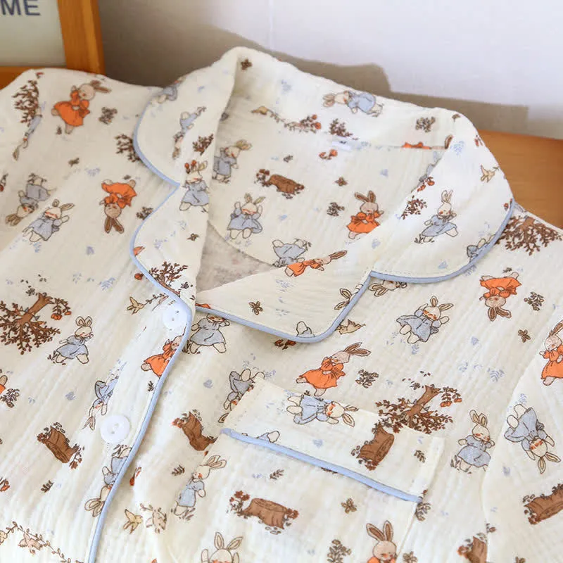 Kurzärmliges Loungewear-Set aus Baumwollgaze mit Kaninchen-Print