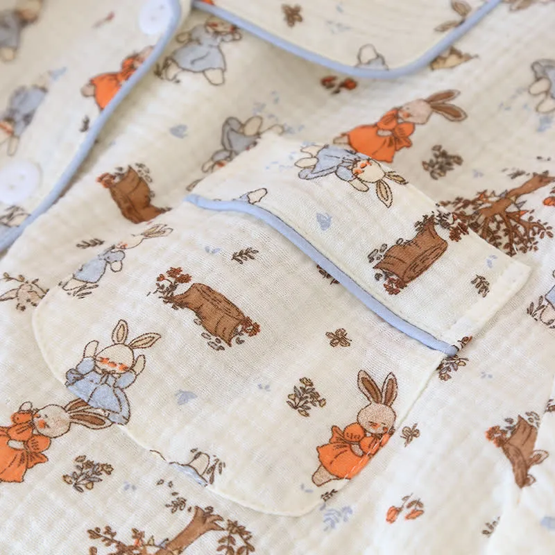 Kurzärmliges Loungewear-Set aus Baumwollgaze mit Kaninchen-Print