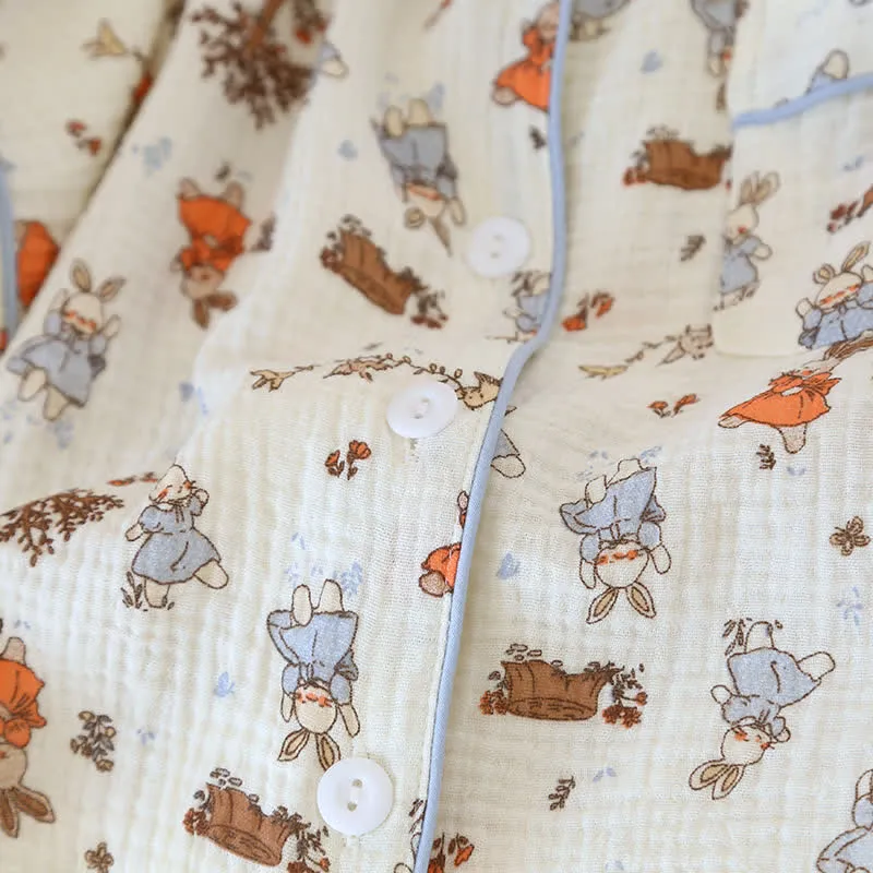 Kurzärmliges Loungewear-Set aus Baumwollgaze mit Kaninchen-Print
