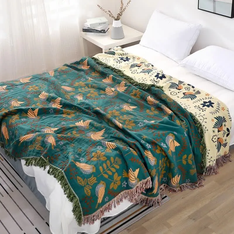 Ownkoti Boho Atmungsaktive Wendedecke mit Blumen und Vögeln