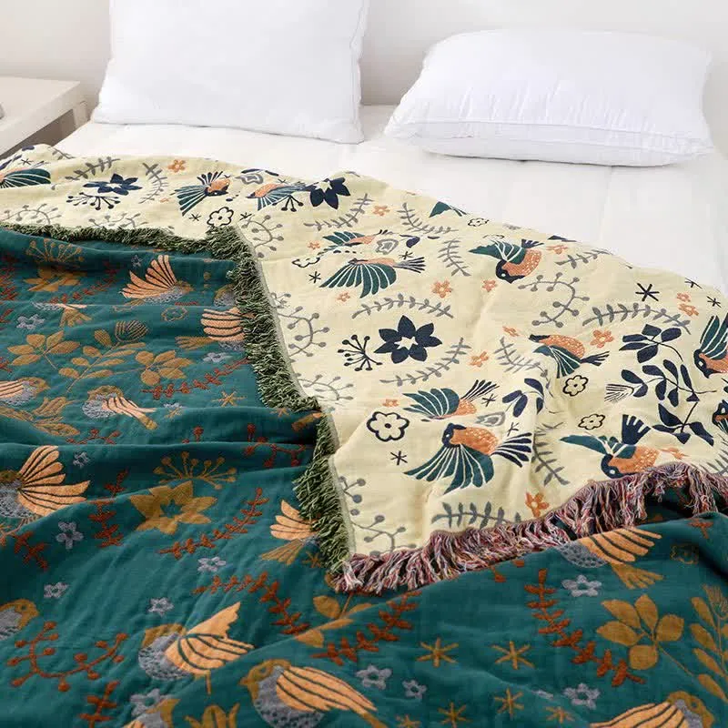 Ownkoti Boho Atmungsaktive Wendedecke mit Blumen und Vögeln