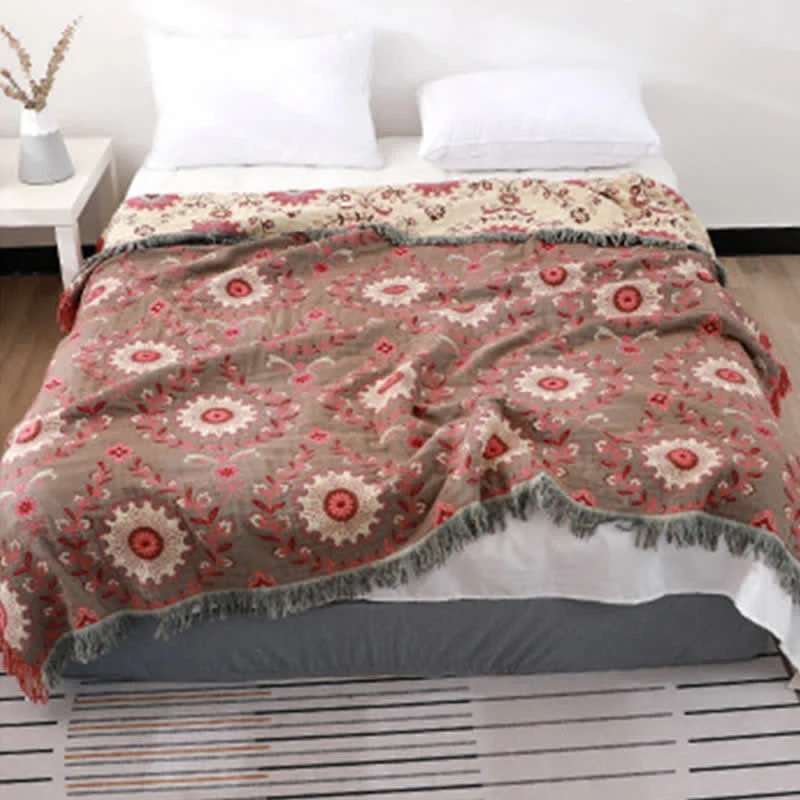 Ownkoti Retro-Steppdecke aus Baumwollgaze mit wendbarer Quaste