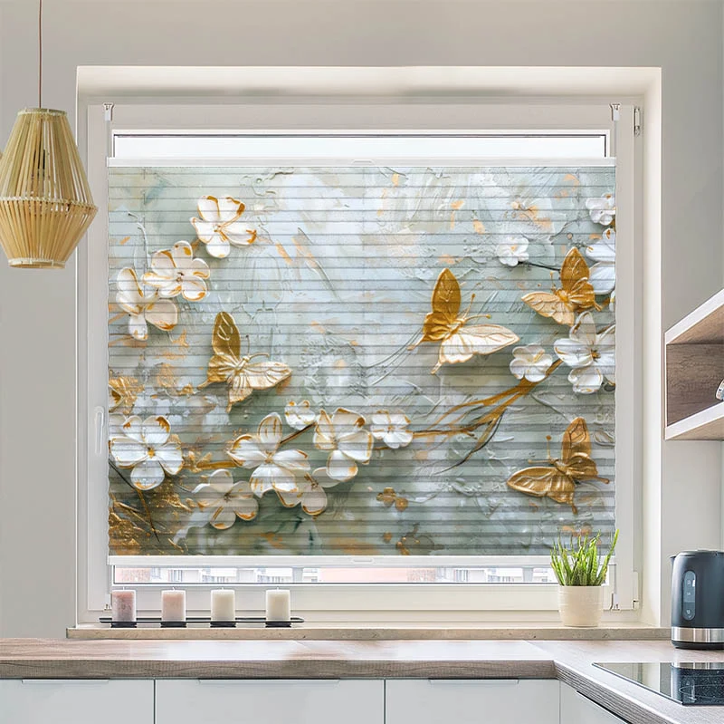 Wabenplissee Motiv "Blumen mit Schmetterlingen Weiss Gold"