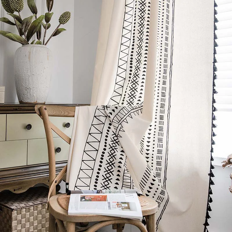 Ownkoti Halbverdunkelnde Vorhänge aus Baumwolle im Bohemian-Stil mit geometrischem Muster