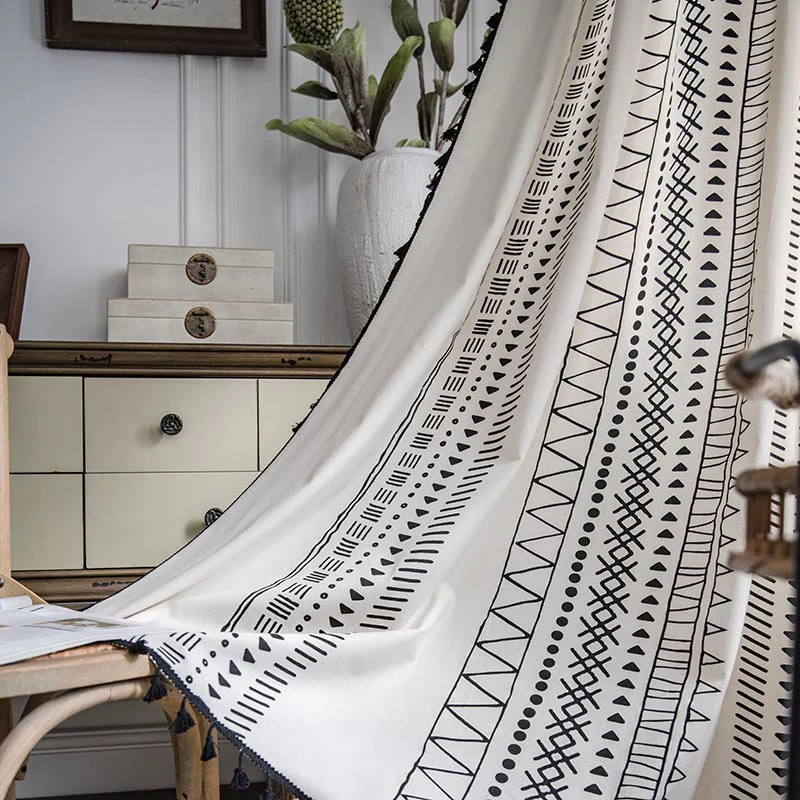 Ownkoti Halbverdunkelnde Vorhänge aus Baumwolle im Bohemian-Stil mit geometrischem Muster