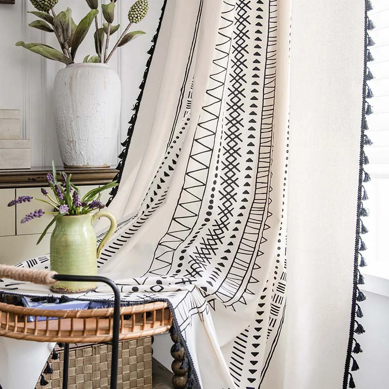 Ownkoti Halbverdunkelnde Vorhänge aus Baumwolle im Bohemian-Stil mit geometrischem Muster