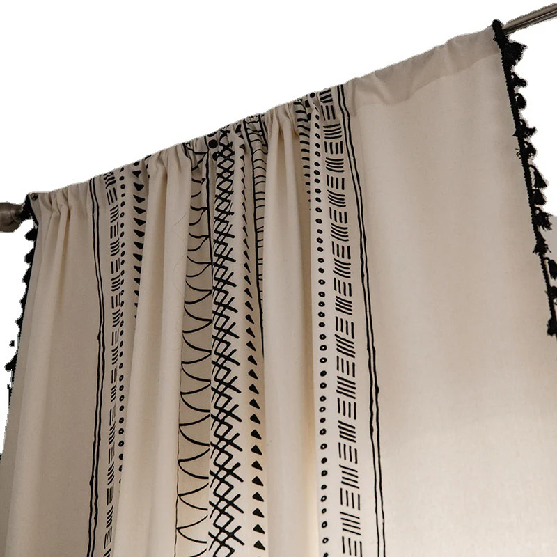 Ownkoti Halbverdunkelnde Vorhänge aus Baumwolle im Bohemian-Stil mit geometrischem Muster