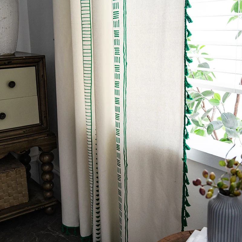 Ownkoti Halbverdunkelnde Vorhänge aus Baumwolle im Bohemian-Stil mit geometrischem Muster