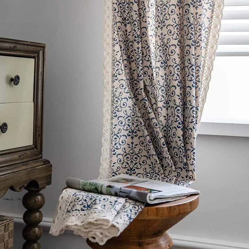 Ownkoti Boho-Vorhang mit blauem Muster, halbverdunkelnd