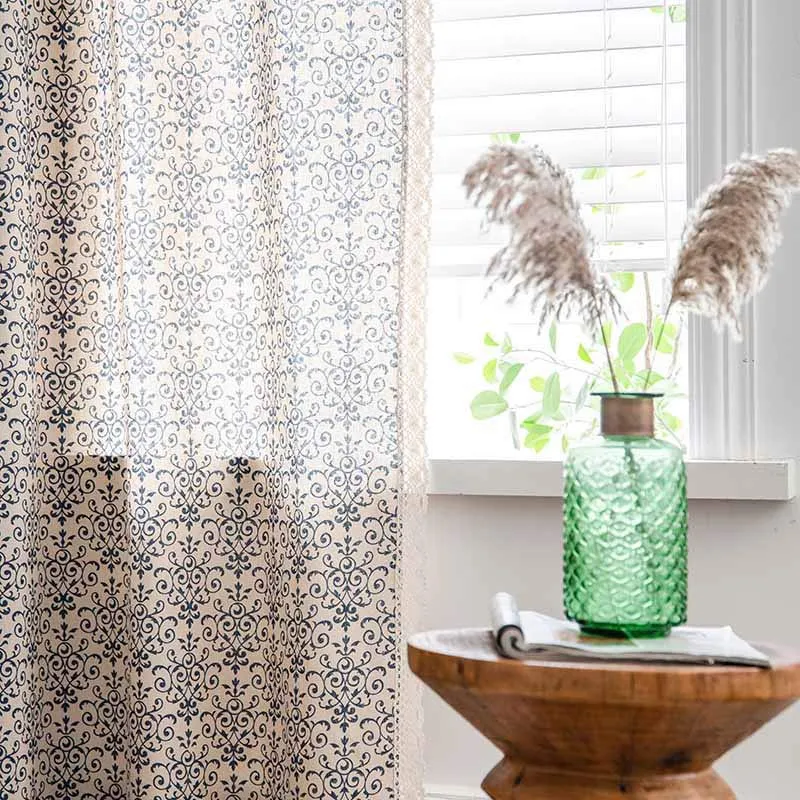 Ownkoti Boho-Vorhang mit blauem Muster, halbverdunkelnd