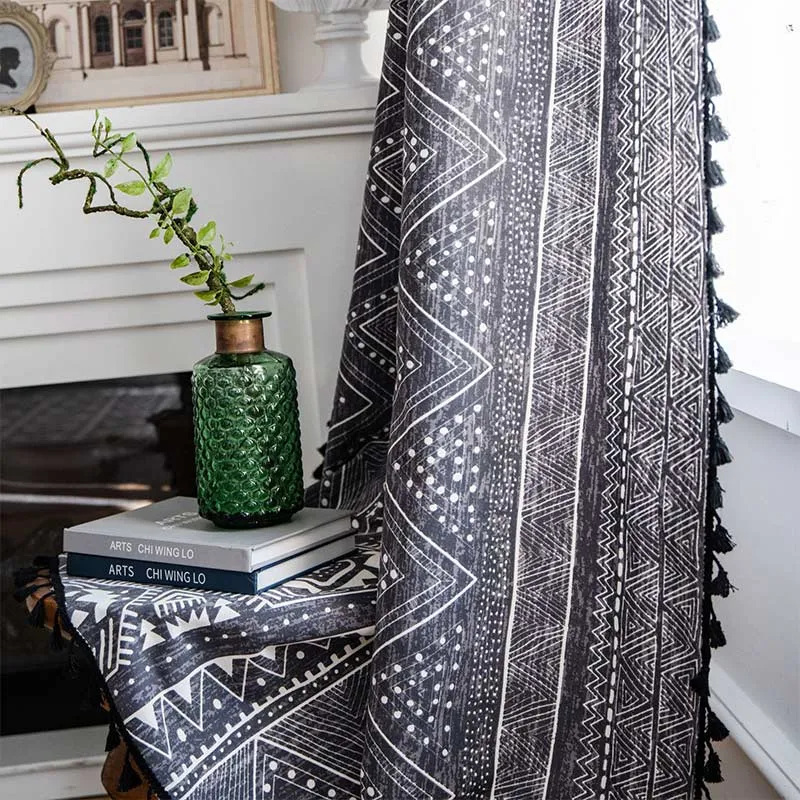 Ownkoti Bohemian-Vorhänge mit geometrischen Mustern, Baumwolle, mit Quasten, Schwarz