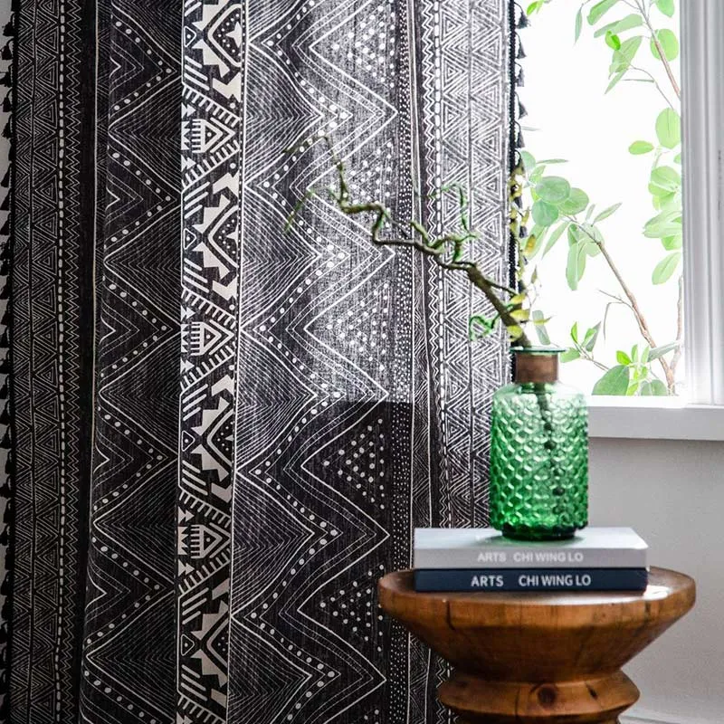 Ownkoti Bohemian-Vorhänge mit geometrischen Mustern, Baumwolle, mit Quasten, Schwarz