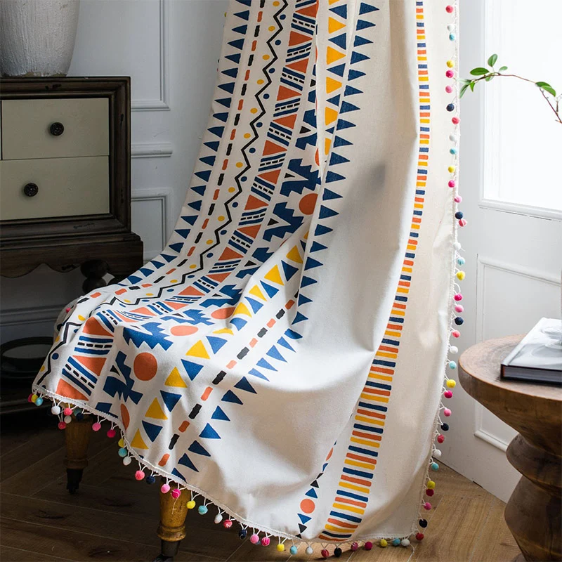 Ownkoti Boho-Vorhang mit farbenfrohen geometrischen Mustern und Quaste
