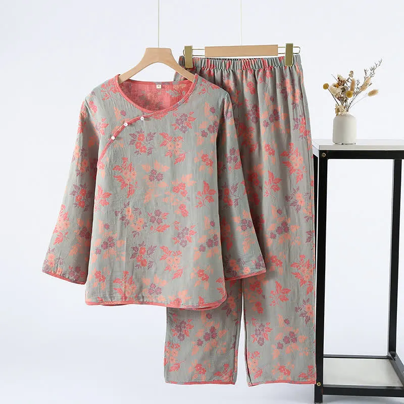 Garngefärbtes Jacquard-Pyjama-Set mit rundem Ausschnitt