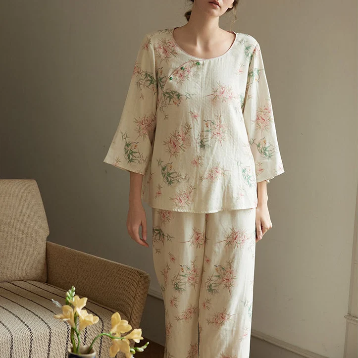 Pastorales Pyjama-Set aus Bambusfaser mit Rundhalsausschnitt