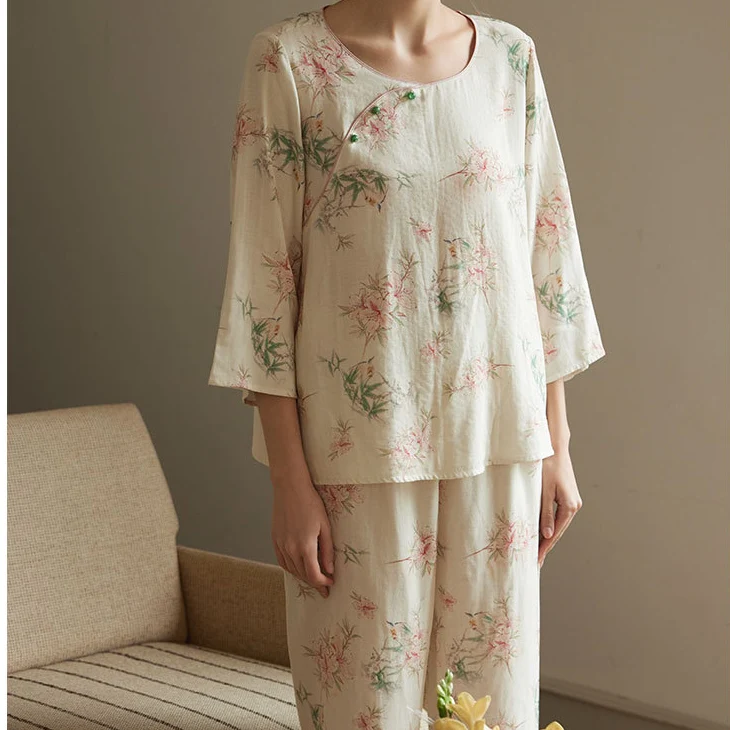 Pastorales Pyjama-Set aus Bambusfaser mit Rundhalsausschnitt