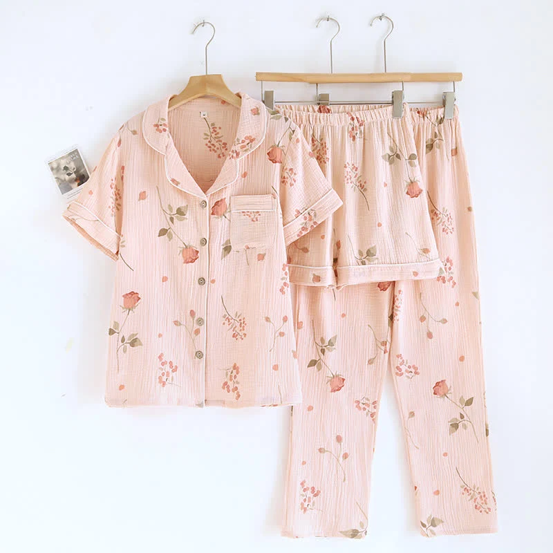 Rural Rose Cardigan-Pyjama-Set aus Baumwollgaze (3-teilig)