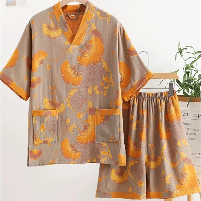 Retro-Sommerpyjama-Set aus Baumwollgaze mit V-Ausschnitt
