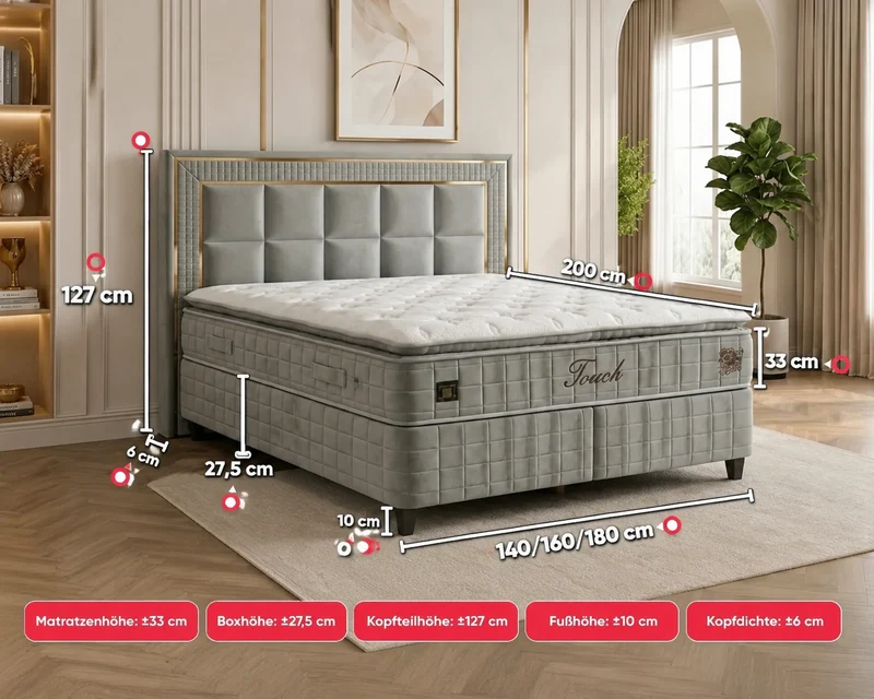 BSS WOOL TOUCH Boxspringbett Set | Matratze H2/H3 | Box und Kopfteil